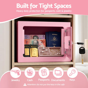 Small Safe Box | 6.5L Key Lock Security Safe | Pink