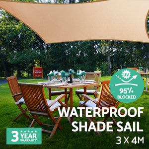 Waterproof Shade Sail | 3x4m | Rectangle | Sand | 95% Shade Cloth