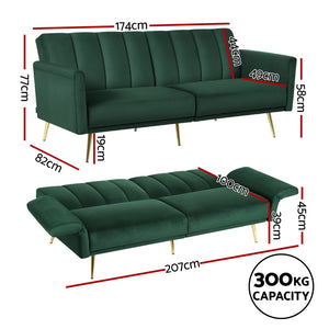 Artiss Sofa Bed | 3 Seater Couch | Convertible with Adjustable Arms | Velvet