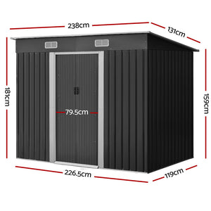 Garden Shed | 2.38x1.31M | Outdoor Storage | Tool Metal Workshop Shelter | Sliding Door