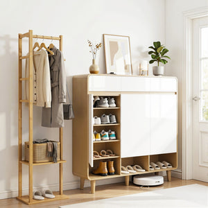 Shoe Rack Cabinet & Bamboo Clothes Rack Set | Storage Shelf | White & Pine