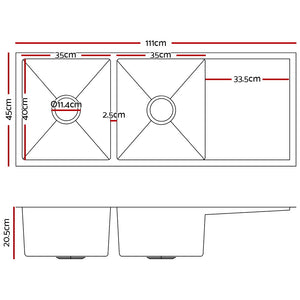 Cefito | Kitchen Sink | 111X45CM | Stainless Steel Basin | Double Bowl | Silver