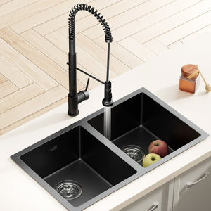 Kitchen Sink | Stainless Steel Double Bowl | 77 x 45 cm with Pull-Out Mixer Tap | Black