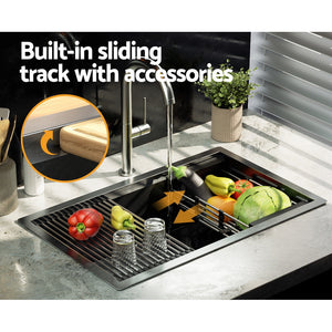 Cefito | Kitchen Sink | 70X45CM | Stainless Steel | Single Bowl | Drain Rack Basket | Black