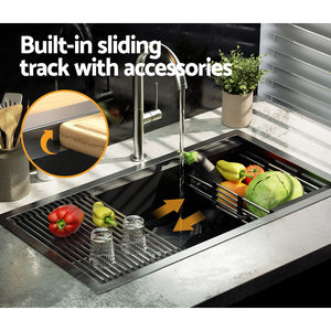 Cefito | Kitchen Sink | 81X45CM | Stainless Steel | Single Bowl | Drain Rack Basket | Black