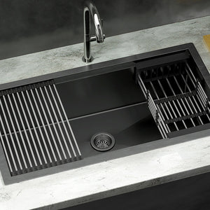 Cefito | Kitchen Sink | 81X45CM | Stainless Steel | Single Bowl | Drain Rack Basket | Black