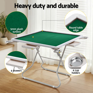 Folding Mahjong Table | 4 Drawers + Cup Holders | Green