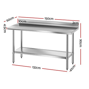 Cefito Stainless Steel Kitchen Bench | Splashback Work Table | 1500x600mm | 430 Grade