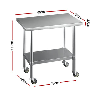 Cefito Stainless Steel Kitchen Benches | Work Bench | Wheels | 91x61CM | 430