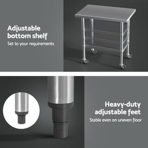 Cefito Stainless Steel Kitchen Benches | Work Bench | Wheels | 91x61CM | 430