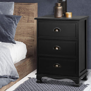 Artiss Bedside Tables | 2X | THYME | 3 Drawers | Vintage | Black