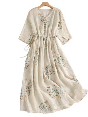 Bohemian Hippie Women's Long Beach Dress | Vintage Floral Print | Elastic Waist | V - Neck Casual Summer Robe | S - 2XL