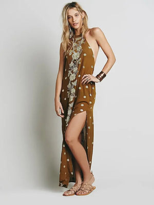 Bohemian Backless Halter Maxi Dress | Brown Embroidered Cotton Sleeveless Summer Dress | Stretch Tie-Back | S–L