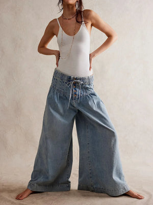 Bohemian Hippie Wide-Leg Denim Jeans | Mid Waist Pleated Cotton Drawstring Pants | Sky Blue & Dark Blue | XS–3XL