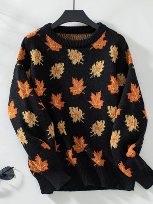 Women's Knitted Pullover Sweater With Maple Leaf Print | Sizes S-XL