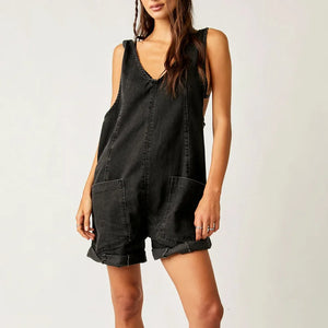 Bohemian Denim Jumpsuit | V-Neck Sleeveless Loose Fit Romper with Pockets | Black, Brown, Light Blue, Dark Blue | S–2XL