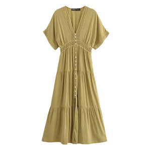 Bohemian Hippie Matcha Dress | V-Neck Cotton Blend A-Line Midi with Lace & Buttons | XS–L