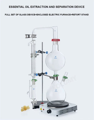 Essential Oil Extraction Separator | Steam Distillation Apparatus with Hot Stove & Graham Condenser | Full Set | 2000ml / 1000ml / 500ml Options