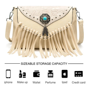 White Boho Festival Bag With Turquoise Center Stone & Tassels