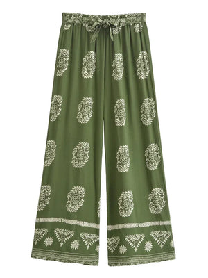 Bohemian Green Floral Wide-Leg Pants | Rayon Loose Fit High Hip Elastic Waist Trousers | S–L