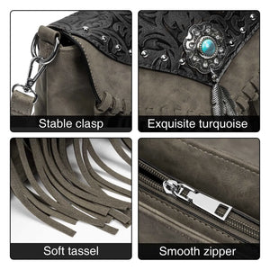 Universal Grey Boho Festival Bag With Turquoise Center Stone & Tassels