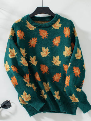 Women's Knitted Pullover Sweater With Maple Leaf Print | Sizes S-XL