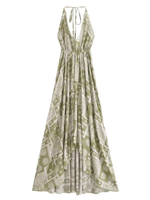 Bohemian Backless High-Low Maxi Dress | Floral Strapless Rayon Summer Holiday Dress with Tassels | Black, Sage, Orange, Aqua | S–L