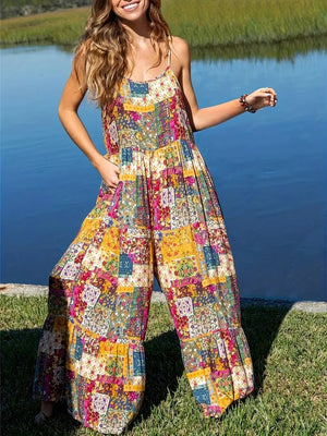 Hippie Bohemian Women's Casual Jumpsuit | Sleeveless Loose Wide Leg Overalls with Pockets | S - XXL