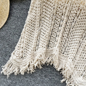 Boho Tassel Knit Beach Top | V-Neck Backless Hollow-Out Smock (One Size)