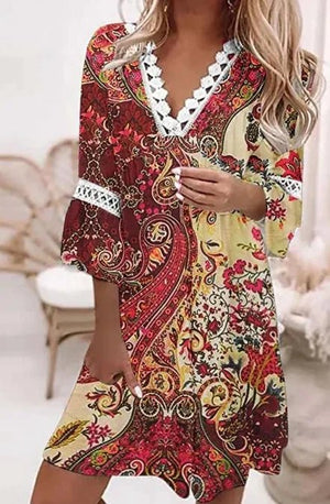 Women's Boho Lace Midi Dress | V - Neck Floral Vacation Dress with Flare Sleeves | Romantic Loose Fit | S–XXL