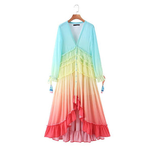 Women's Bohemian Rainbow Maxi Dress | Summer Gradient Patchwork Tiered Chiffon Dress | Elegant Hippie Party Outfit | S–L