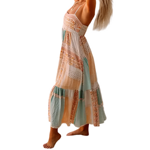 Bohemian Hippie Maxi Dress | Floral Viscose Spaghetti Strap A-Line Beach Dress | Square Neck | S–XL