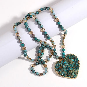 Bohemian Styled Natural Stone Necklace With Heart Shaped Pendant | Aqua Blue