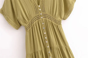 Bohemian Hippie Matcha Dress | V-Neck Cotton Blend A-Line Midi with Lace & Buttons | XS–L