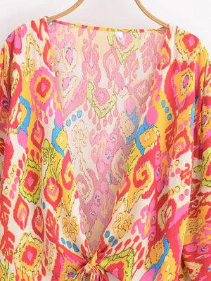 Hippie Floral Kimono Cover-Up | Short Rayon Beach Wrap with Flare Sleeves | Boho Bikini Cover | S–L