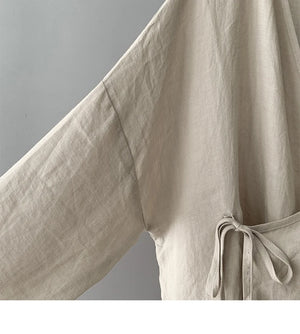 Women's Bohemian Cotton Linen Lace - Up Shirt | Hippie Long Sleeve Casual Blouse | Solid Colour V - Neck Top S–3XL