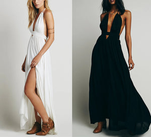 Boho Beach Sundress | V Neck Backless Maxi Dress | Cotton Holiday Dress for Women | 4 Colour Options
