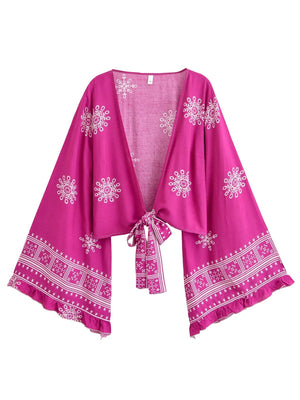 Bohemian Floral Kimono Cover-Up | Ruffle Flare Sleeve Short Beach Wrap | Bright Pink or Black | S–L