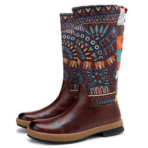 Retro Bohemian Women's Ankle Boots | Genuine Leather Flower Print | Comfortable Lace-Up Design | 3CM Square Heel