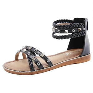 Women's Ethnic Style Sandals | Rivet Woven Retro Roman Flats | Large Size | Beige, Black & Brown | Sizes 36-42