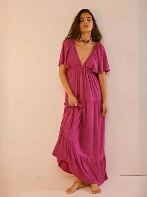 Boho Oversized Maxi Dress | Deep V-Neck Flowy Cotton Blend Long Dress | Flare Sleeve Beach Sundress | S-XL | Summer 2024