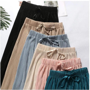 Women's Bohemian Wide Leg Ice Silk Pants | Summer Loose Pleated Trousers | Elastic Waist | Casual Hippie Style | One Size