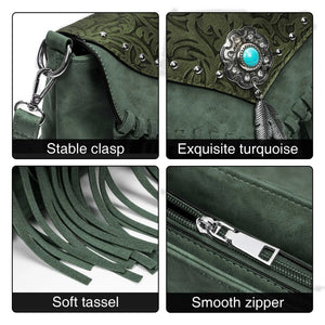 Sage Boho Festival Bag With Turquoise Center Stone & Tassels