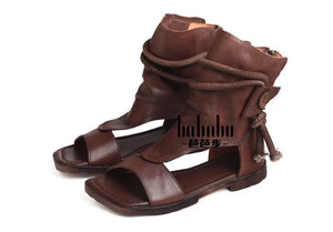 Women's Genuine Cow Leather Peep Toe Sandals | Hollow Booties with Platform Wedge | Ankle Boots | Coffee, Brown & Black | Sizes 35-40