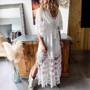 Bohemian Hippie White Lace Maxi Dress | Layered Ruffle A-Line Lace-Up Cotton Blend | S–4XL