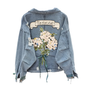 Embroidered Harajuku Denim Jacket | “No Love Lost” Vintage Batwing Sleeve Jean Coat (S–L)