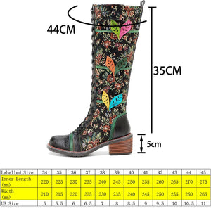 Women's Sheepskin Leather Boots | Lace-Up Chunky Heel Ankle & Knee High Boots | Hippie Flower Bohemian Design | Plus Size | Sizes 36-42