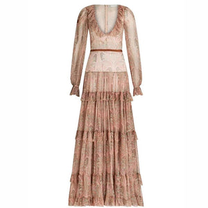 Bohemian Printed V - Neck Mesh Maxi Dress | Women's Ruffle High Waist Long Sleeve Dress | Elegant Floor - Length A - Line Sβ3XLdress