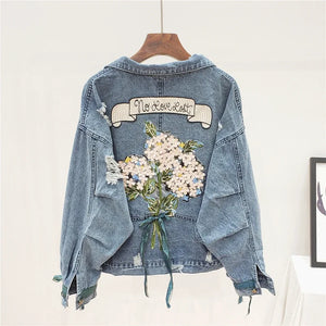 Embroidered Harajuku Denim Jacket | “No Love Lost” Vintage Batwing Sleeve Jean Coat (S–L)