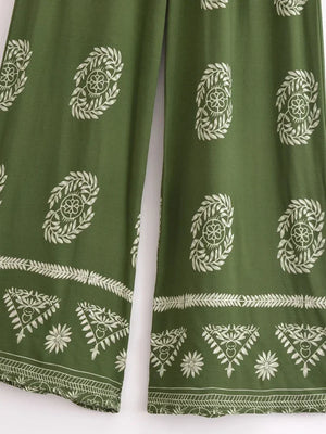 Bohemian Green Floral Wide-Leg Pants | Rayon Loose Fit High Hip Elastic Waist Trousers | S–L